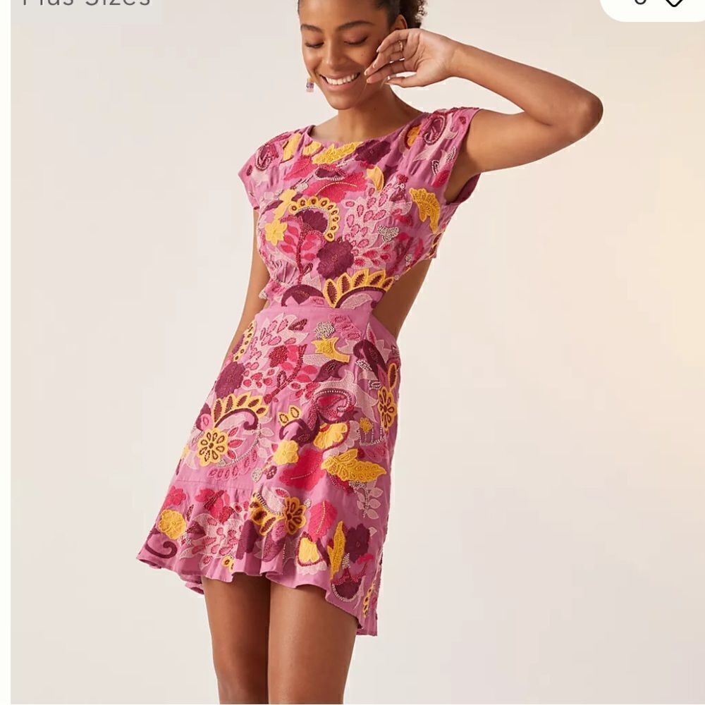 Anthropologie Maeve Embroidered Beaded Mini Dress Pink - Picture 2 of 11